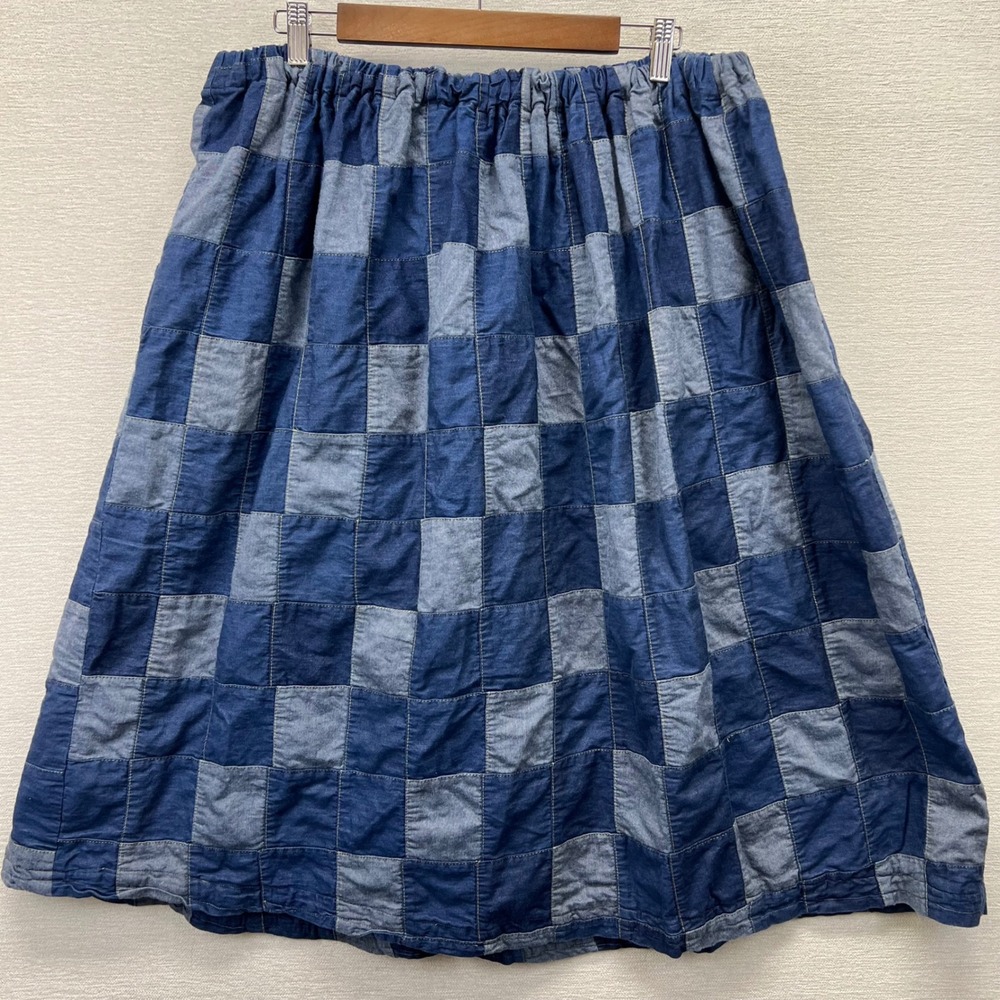 Handmade Patchwork Denim Midi Skirt Womens Large Dark Light Wash Elastic Waist - Picture 5 of 6